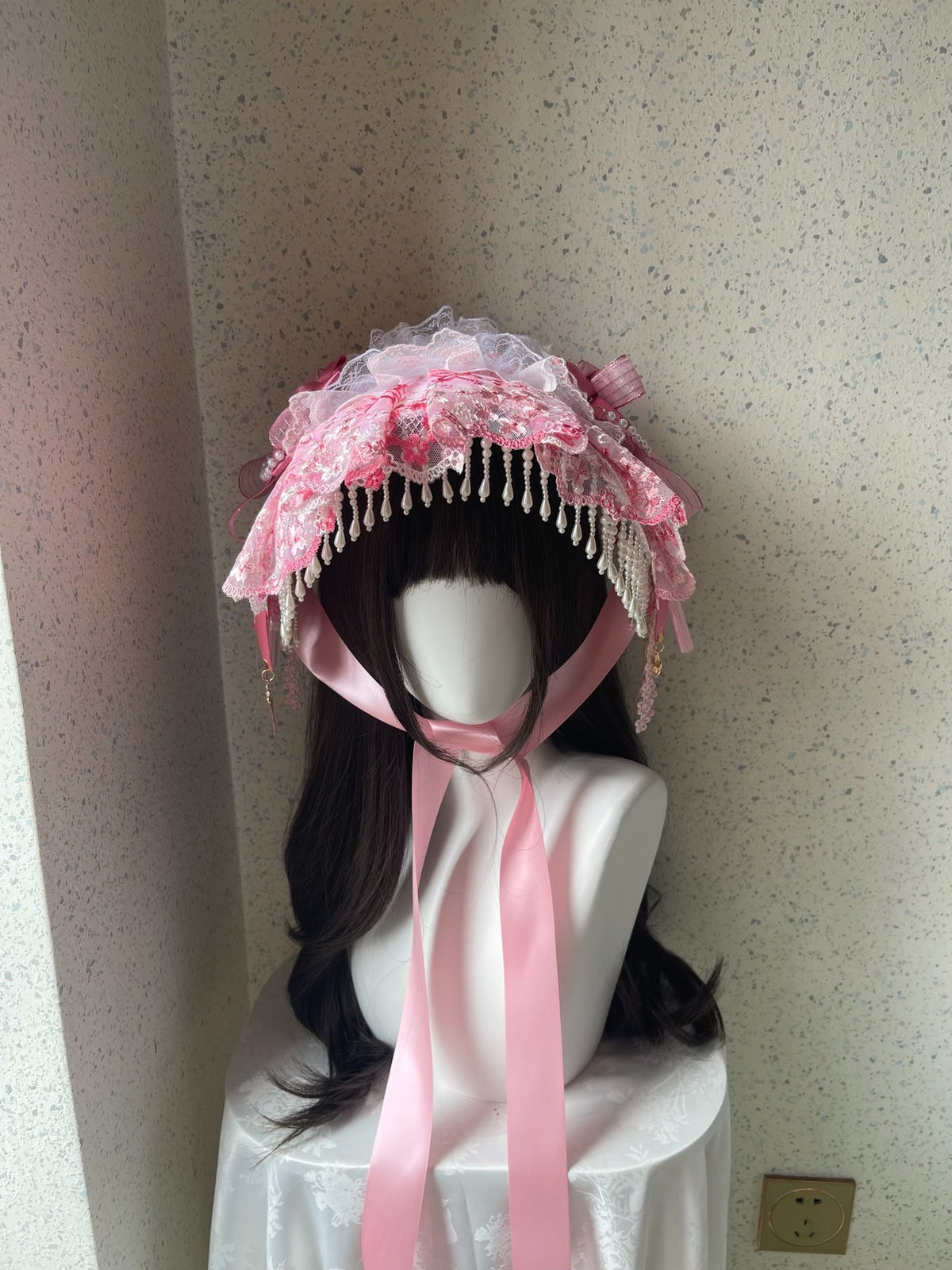 Handcrafted Pink Lace Lolita Bonnet Hat