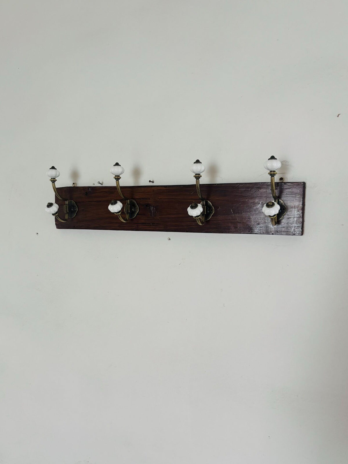 Vintage Wooden Wall Coat Rack with Porcelain Knobs