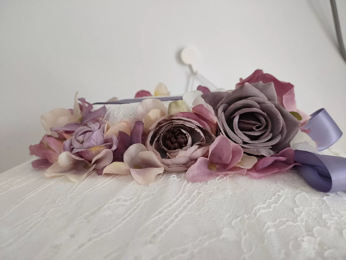 Cappello Lolita a Tesa Piatta in Pizzo Grigio-Viola con Cuffia