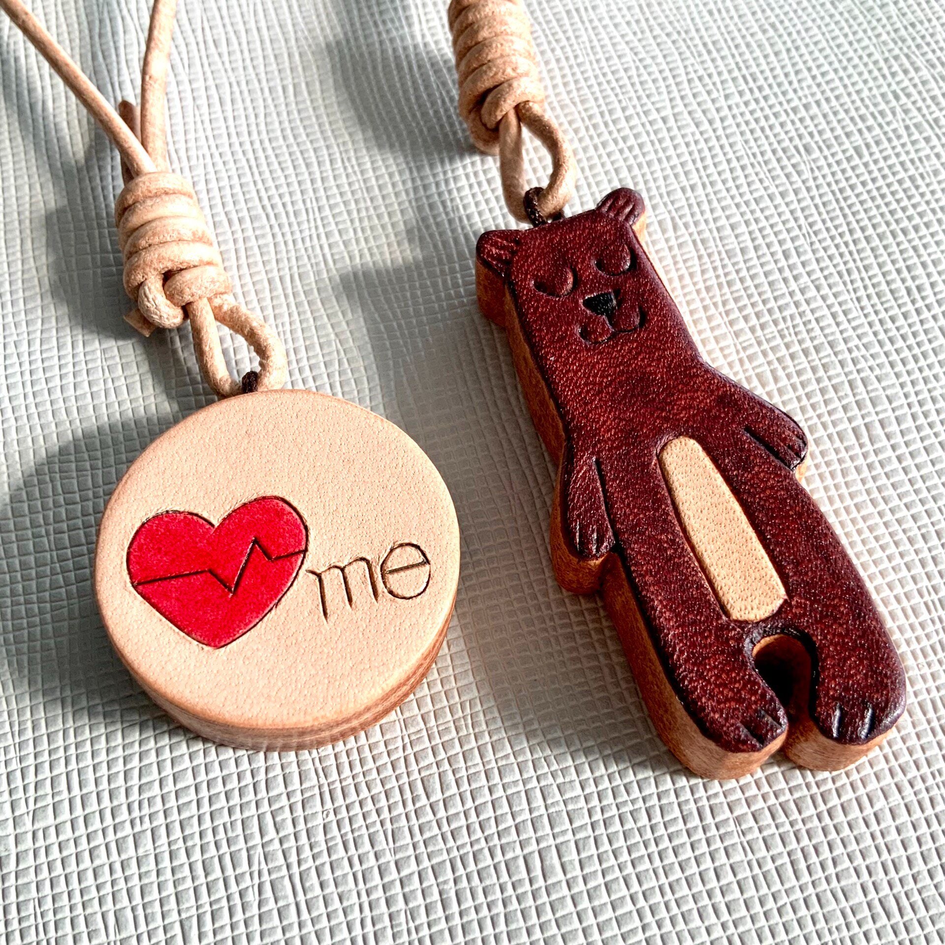 Set of Two Leather Charms: Bear and Heart Pendants for Journal, Bag, or Phone