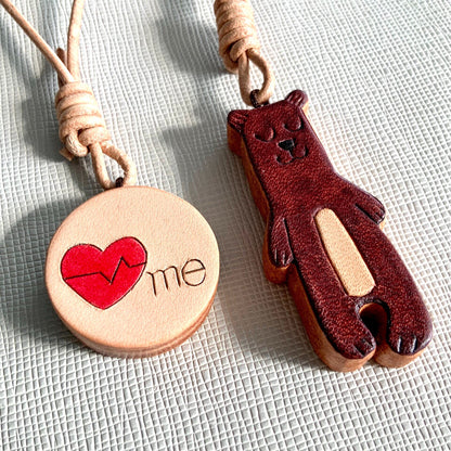 Set of Two Leather Charms: Bear and Heart Pendants for Journal, Bag, or Phone