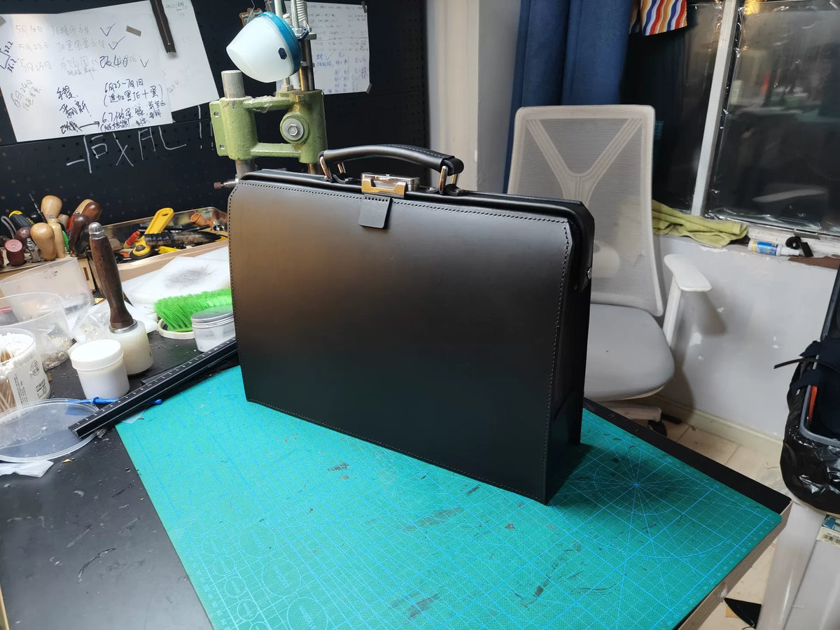 Black Leather Lawyer Briefcase Copper Hardware