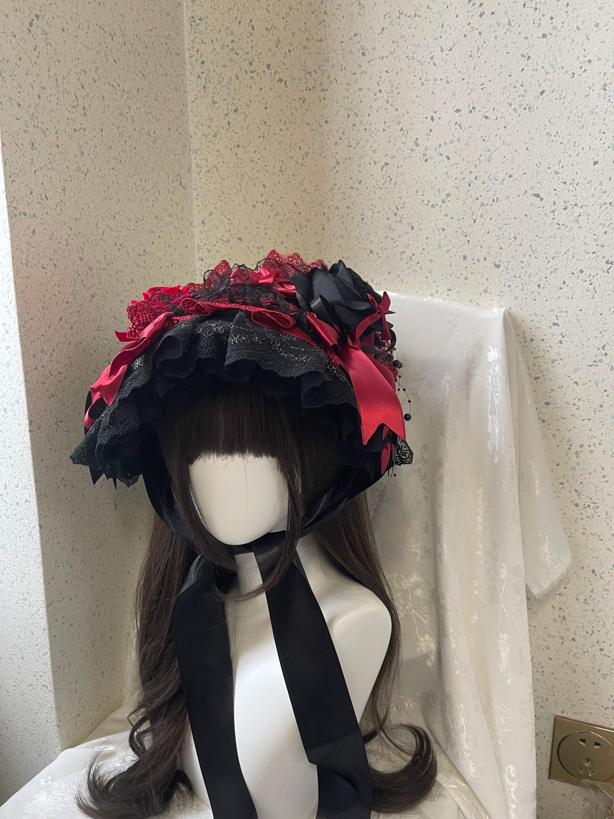 Handmade Lolita Gothic Flat Bonnet Black Red