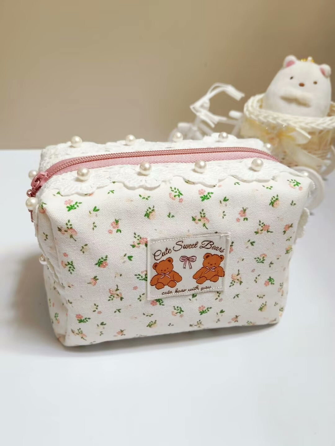 Handmade Floral Cotton Teddy Bear Cosmetic Pouch