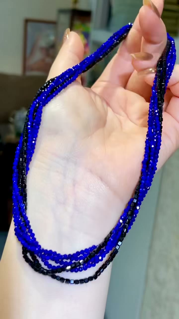 Six-Layer Blue and Black Beaded Necklace