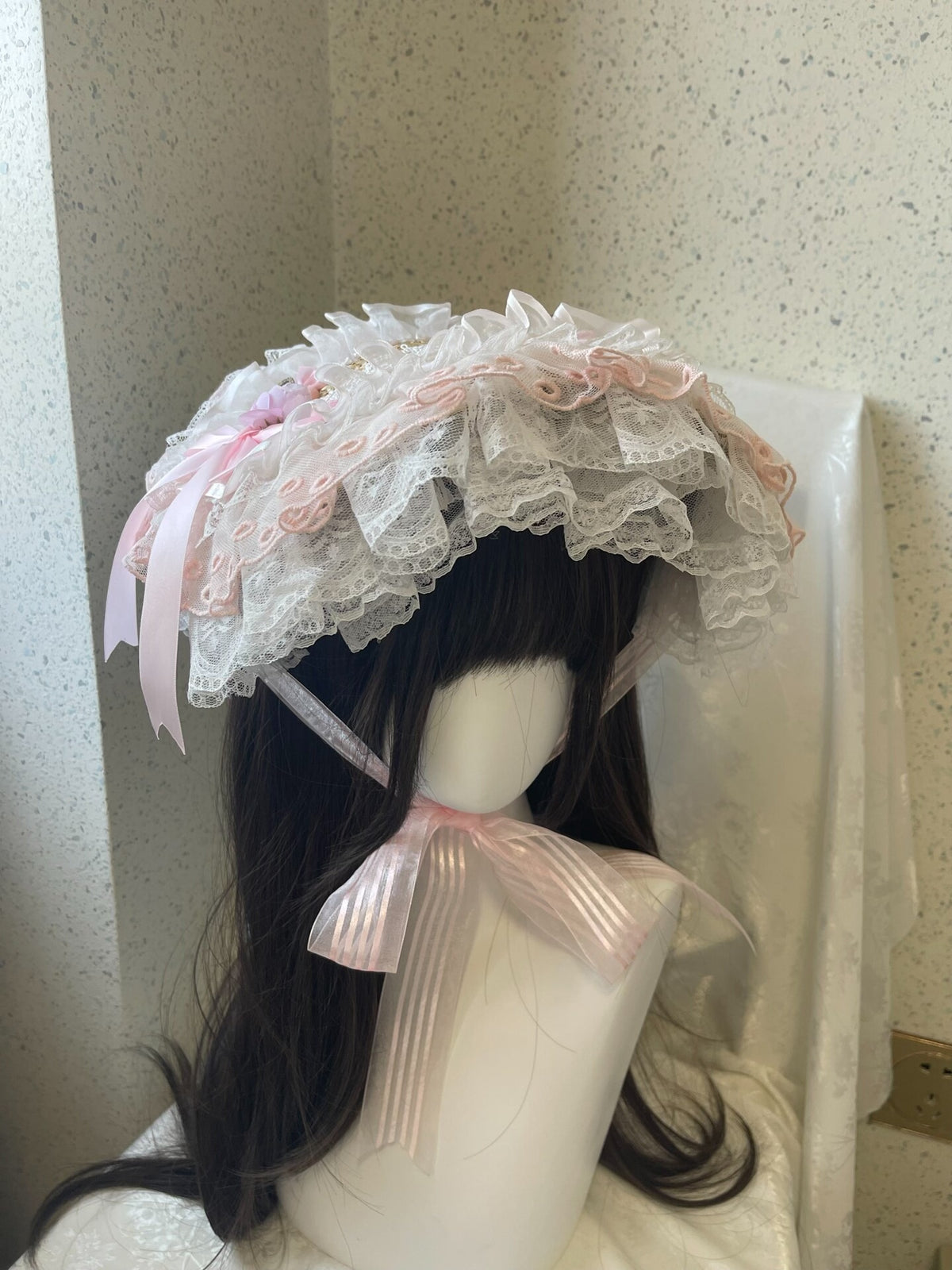 Lolita Pink White Lace Bonnet Hat