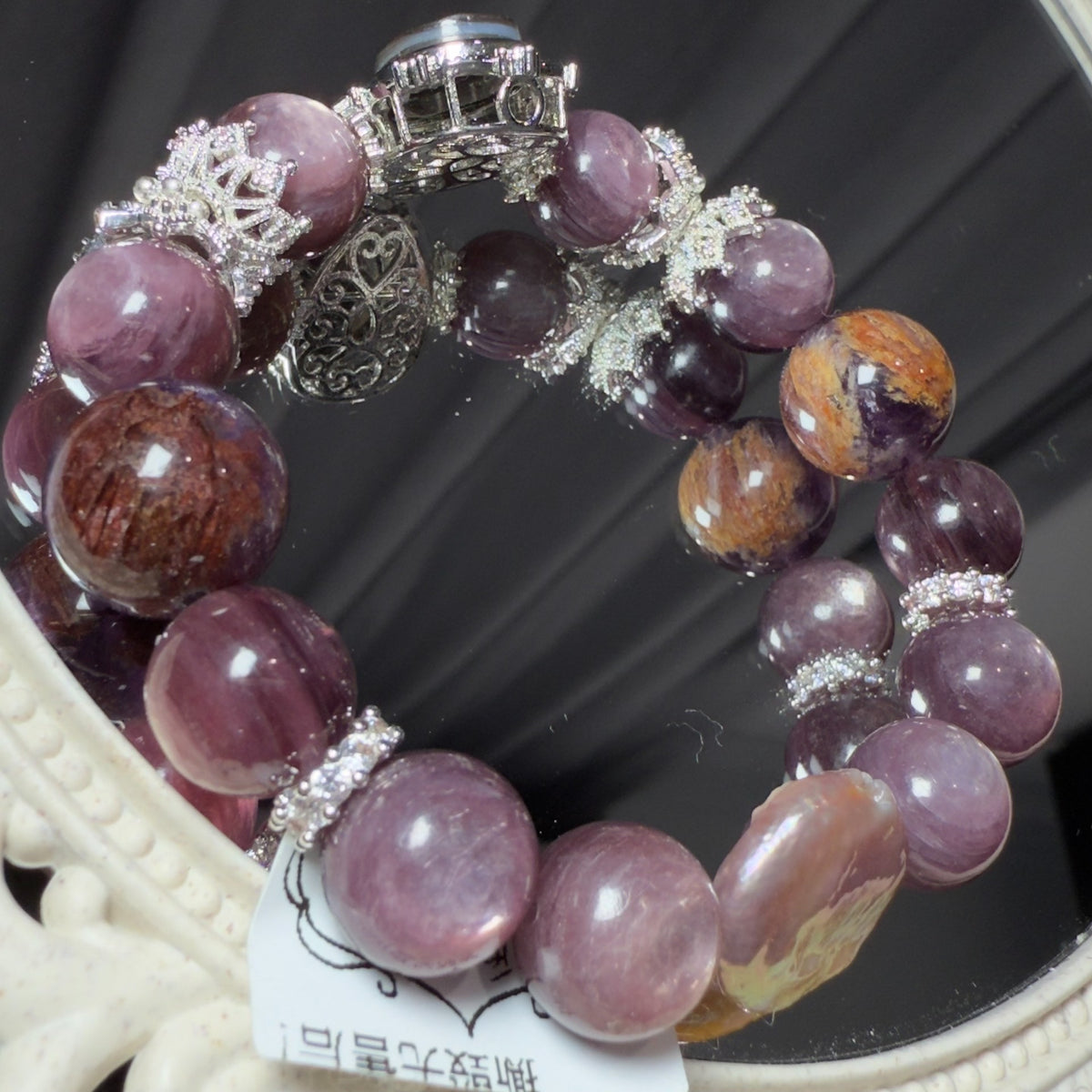 Pulseira de Mica de Lítio Roxa e Pérola Barroca