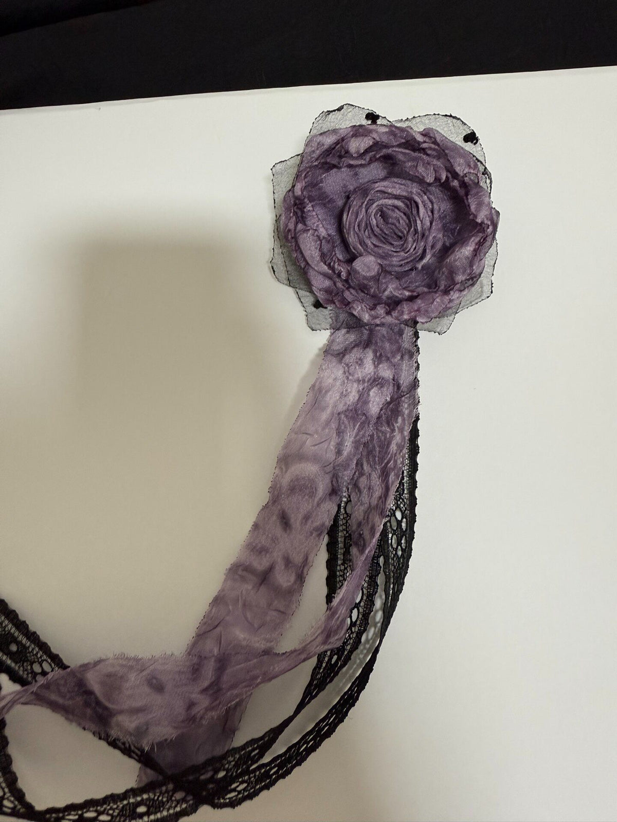 Handcrafted Purple Fabric Brooch with Ribbons