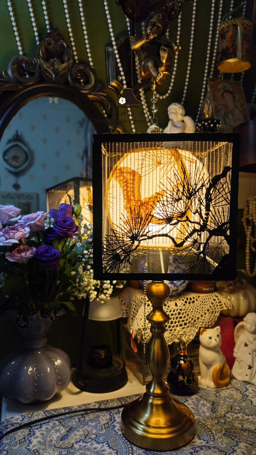 Pine Crane Silhouette Tea Table Lamp
