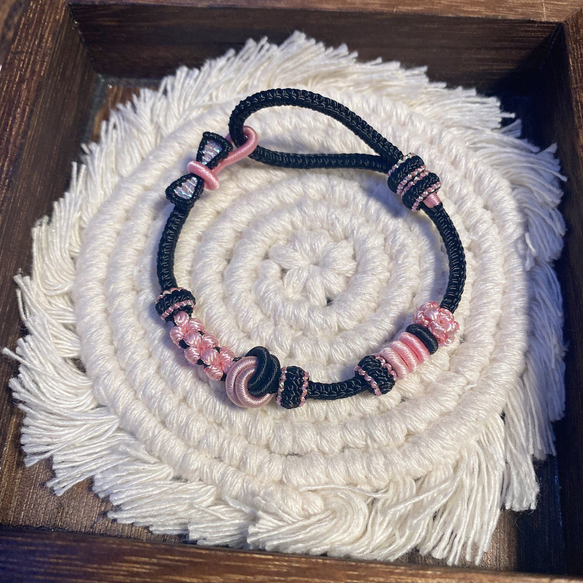 Handwoven Black Pink Sliding Knot Bracelet