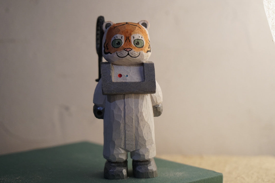 Hand Carved Wooden Tiger Astronaut Sculpture