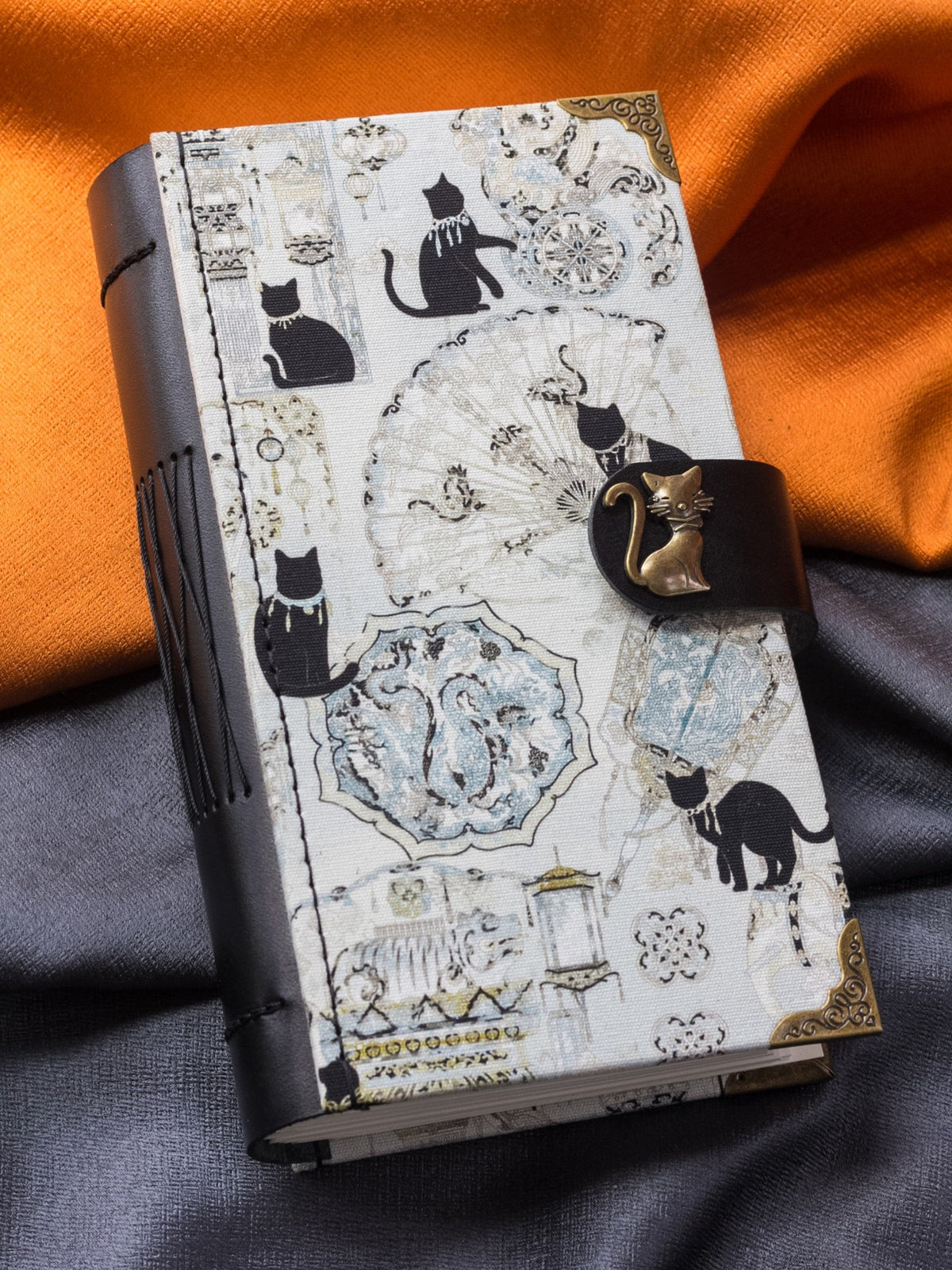 Blue White Porcelain Cat Journal Handmade Leather
