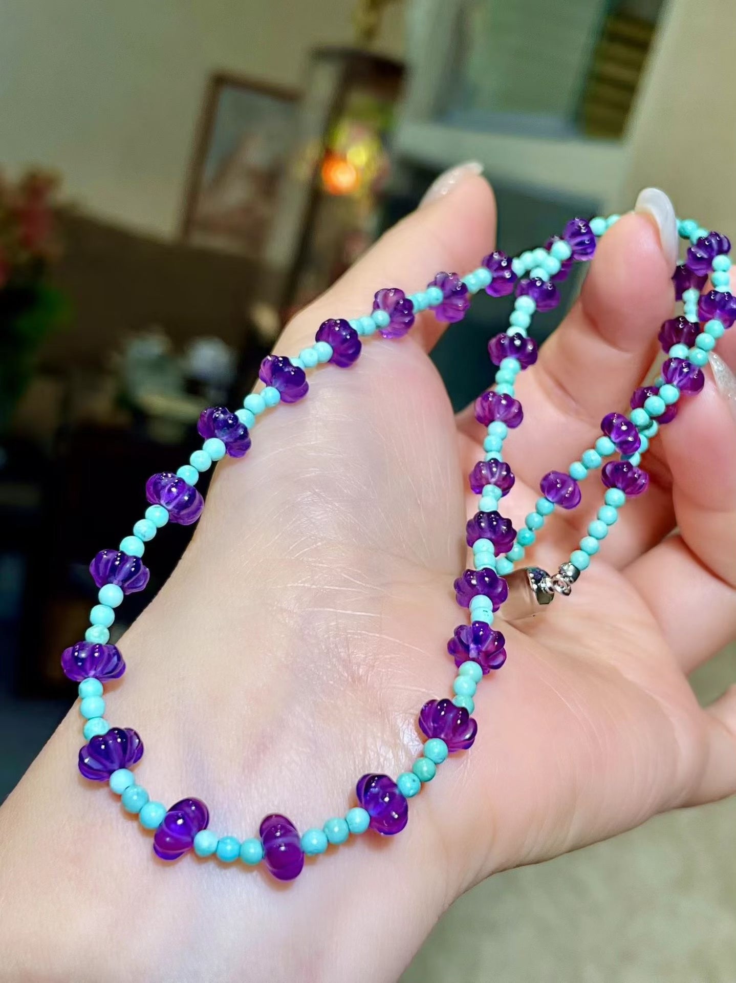 Amethyst and Turquoise Pumpkin Bead Necklace 44cm