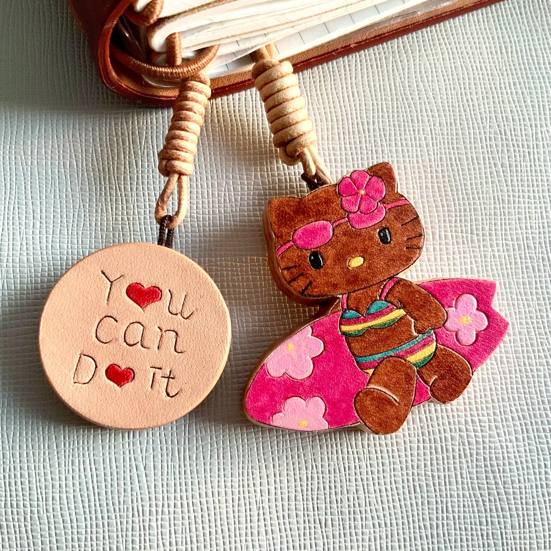 Hand-Carved Italian Leather Hello Kitty Keychain Set