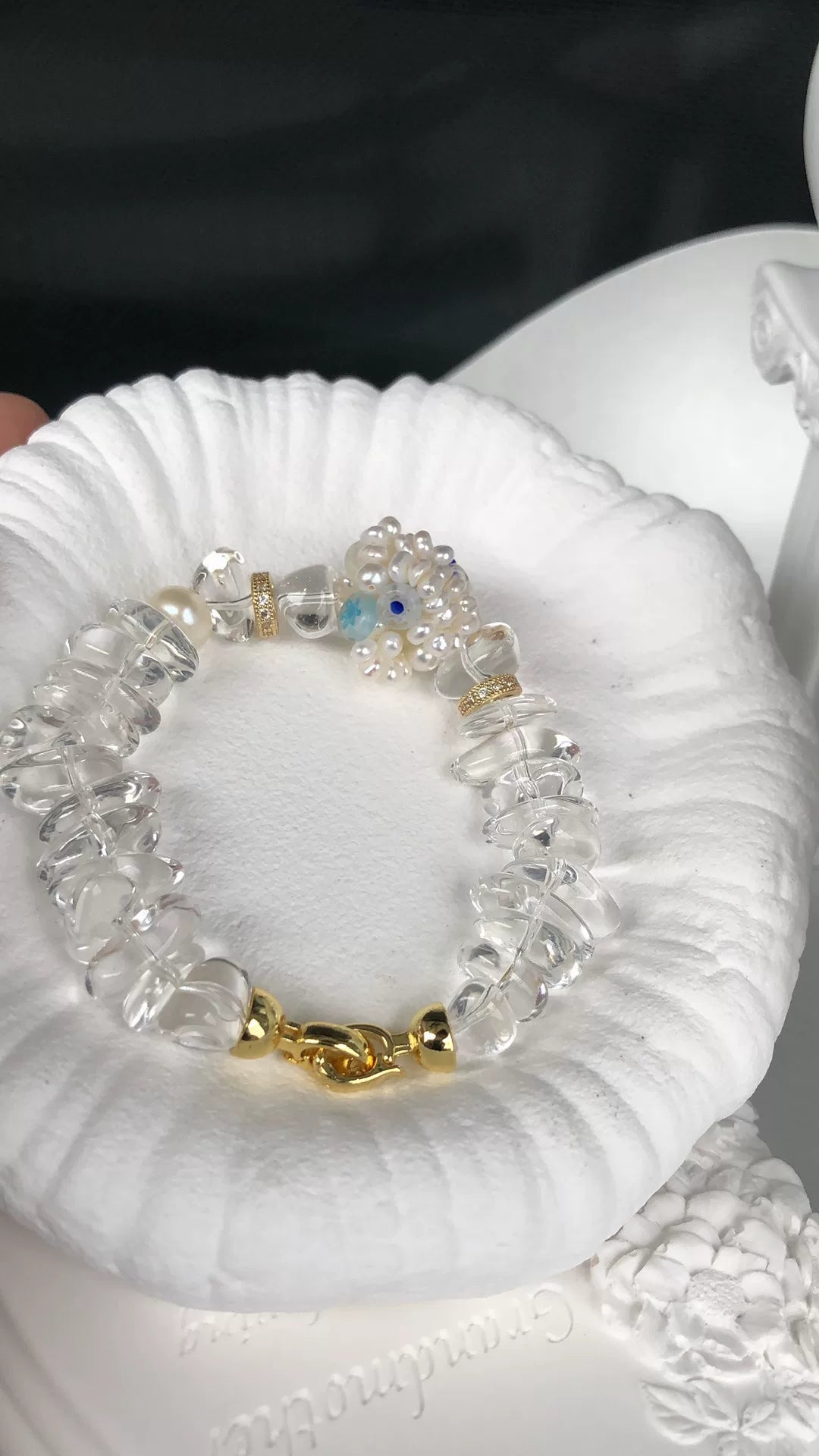 Pulseira Tecida de Quartzo Transparente e Pérola Keshi