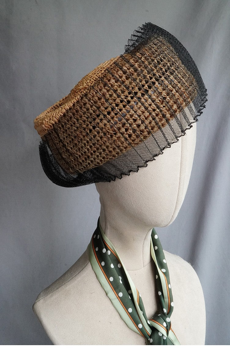 Raffia Pillbox Hat with Black Netting