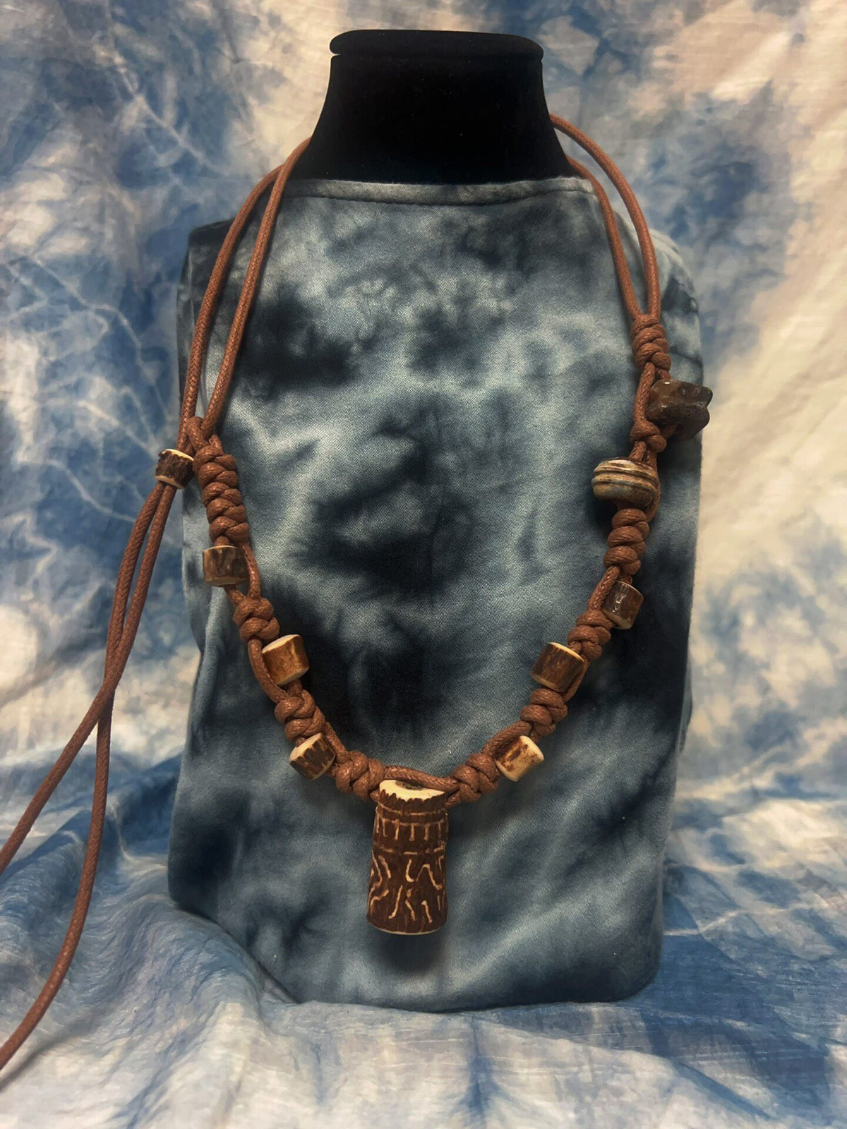Handmade Carved Antler Necklace with Agate Beads