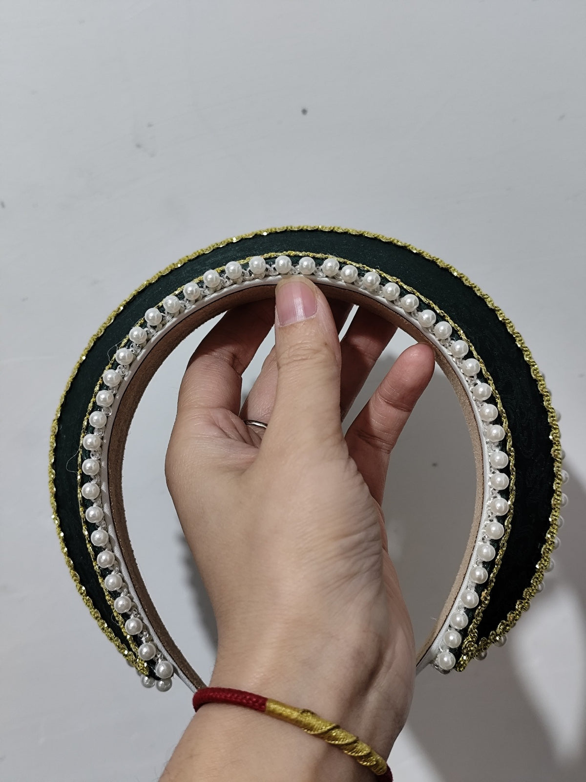 Green Damask Lolita Headpiece with Pearl Trim