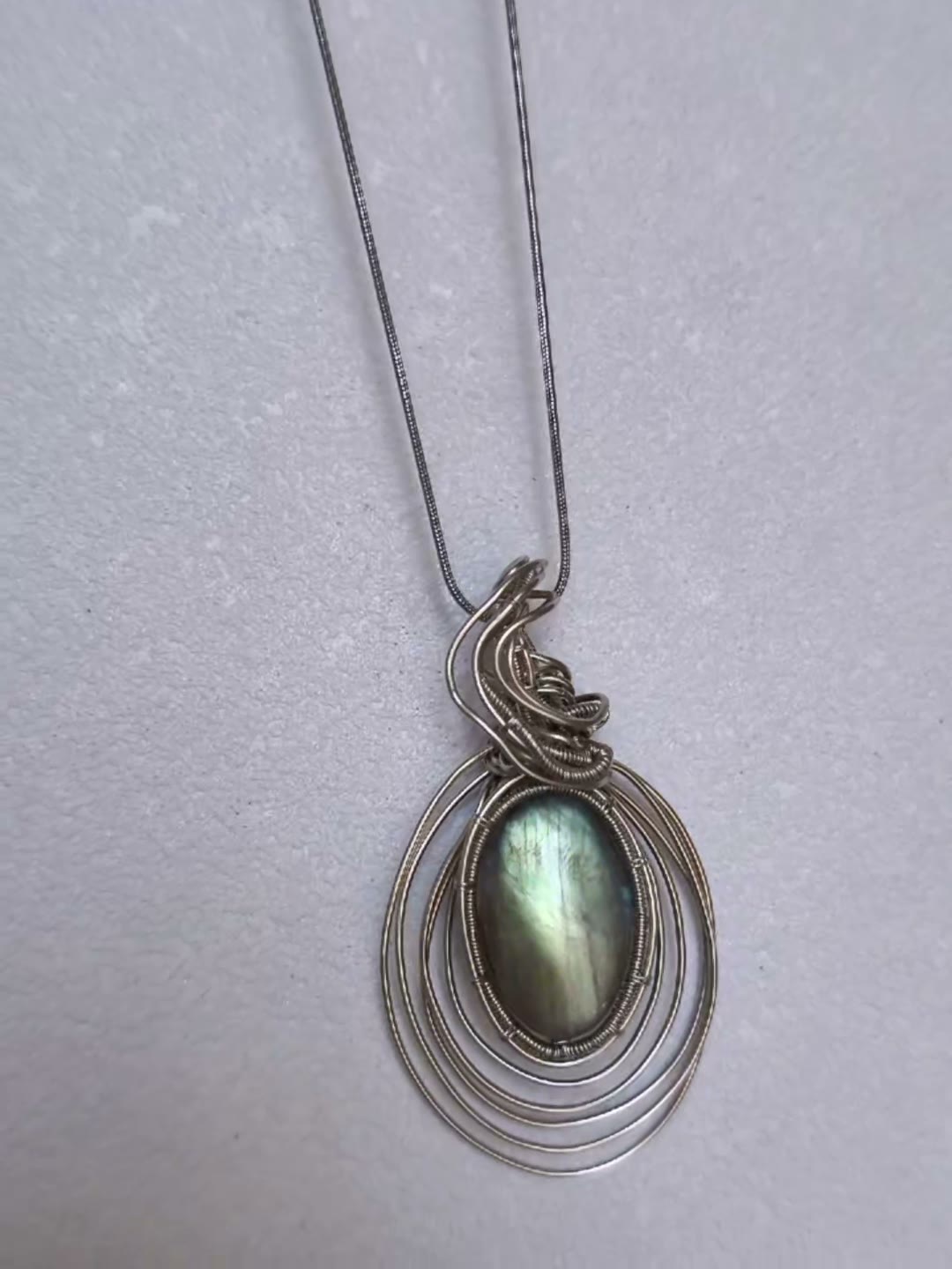 Oval Labradorite Wire Wrapped Pendant Necklace