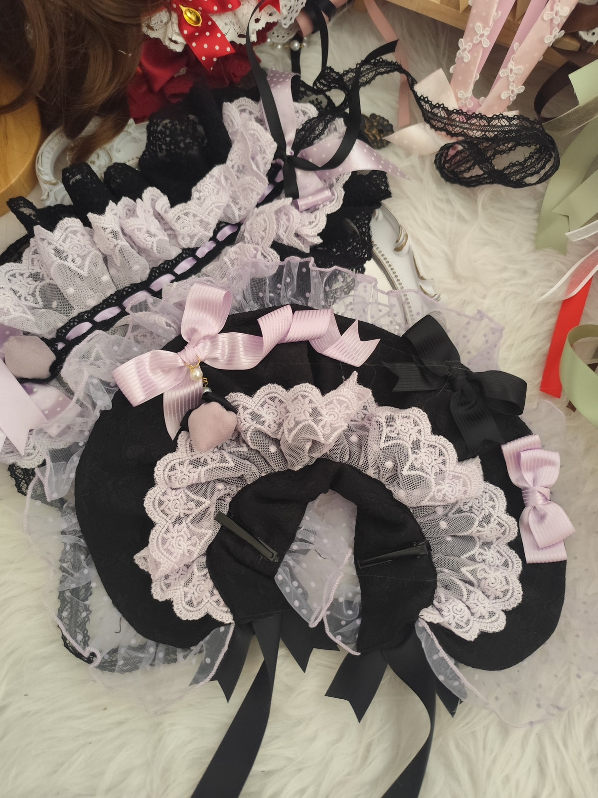 Black Lolita Bonnet with Pink Lace Trim