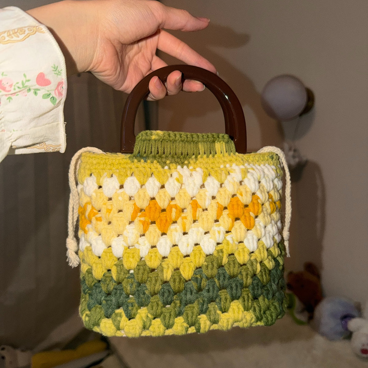 Handmade Gradient Crochet Bag with Wooden Handles