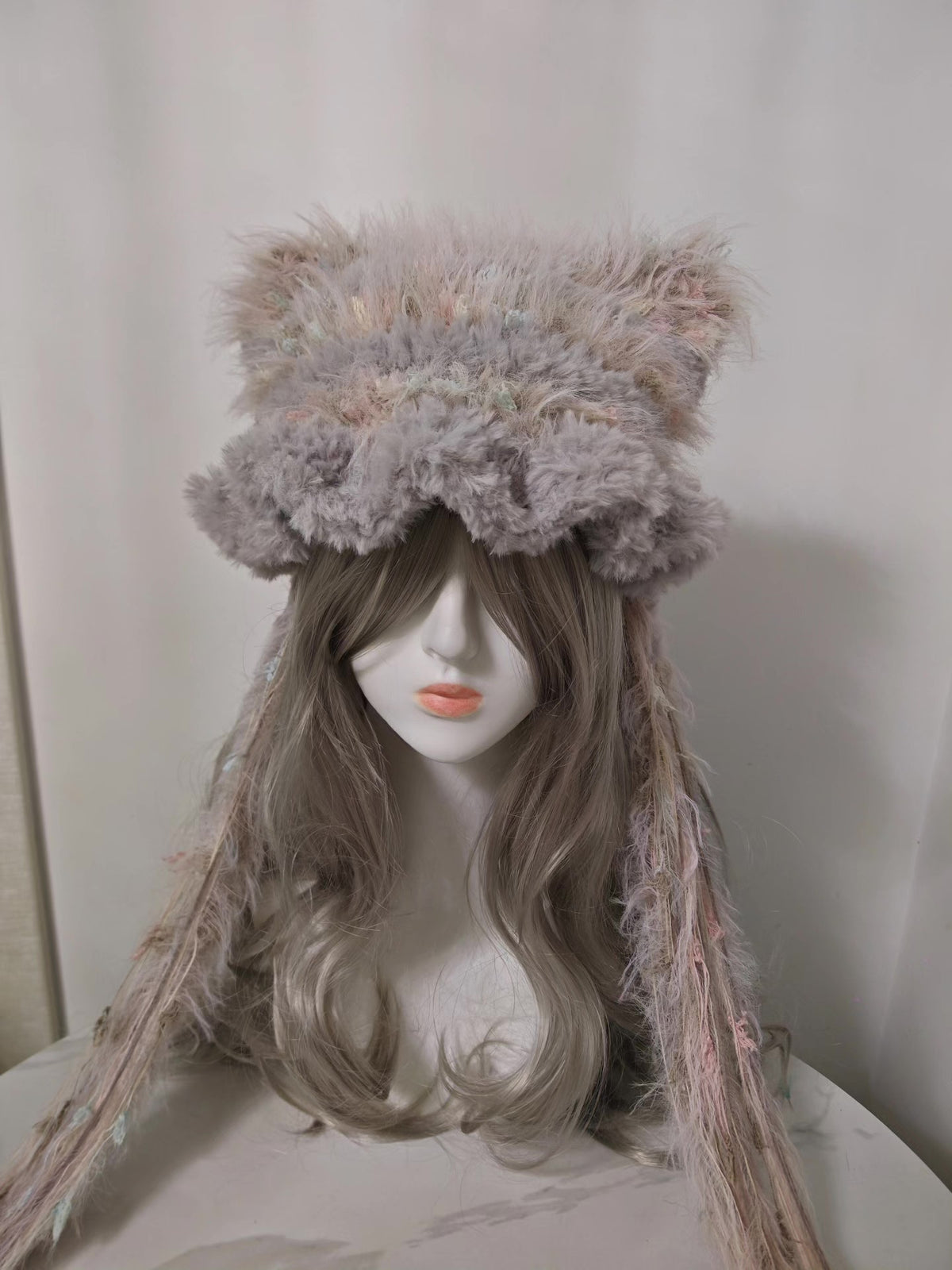 Gray Pink Cat Ear Faux Fur Hat