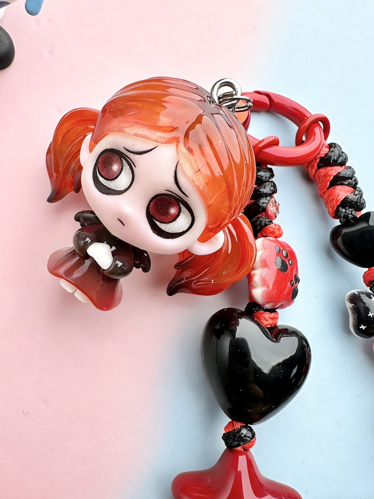 Handmade Braided Phone Chain Red Black Figurine