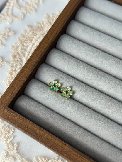 Small Flower Shell Inlay Earrings with Dyed Green Petals and Four Gemstone Colors