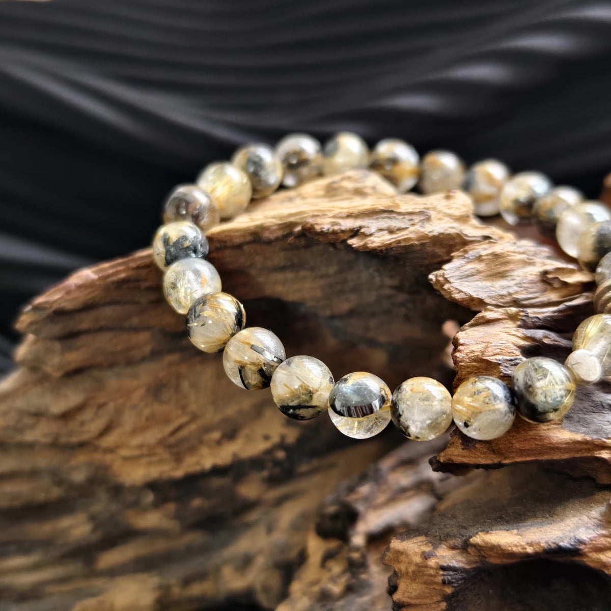 Rutilated Quartz Beaded Bracelet 7.8mm Silver Accent