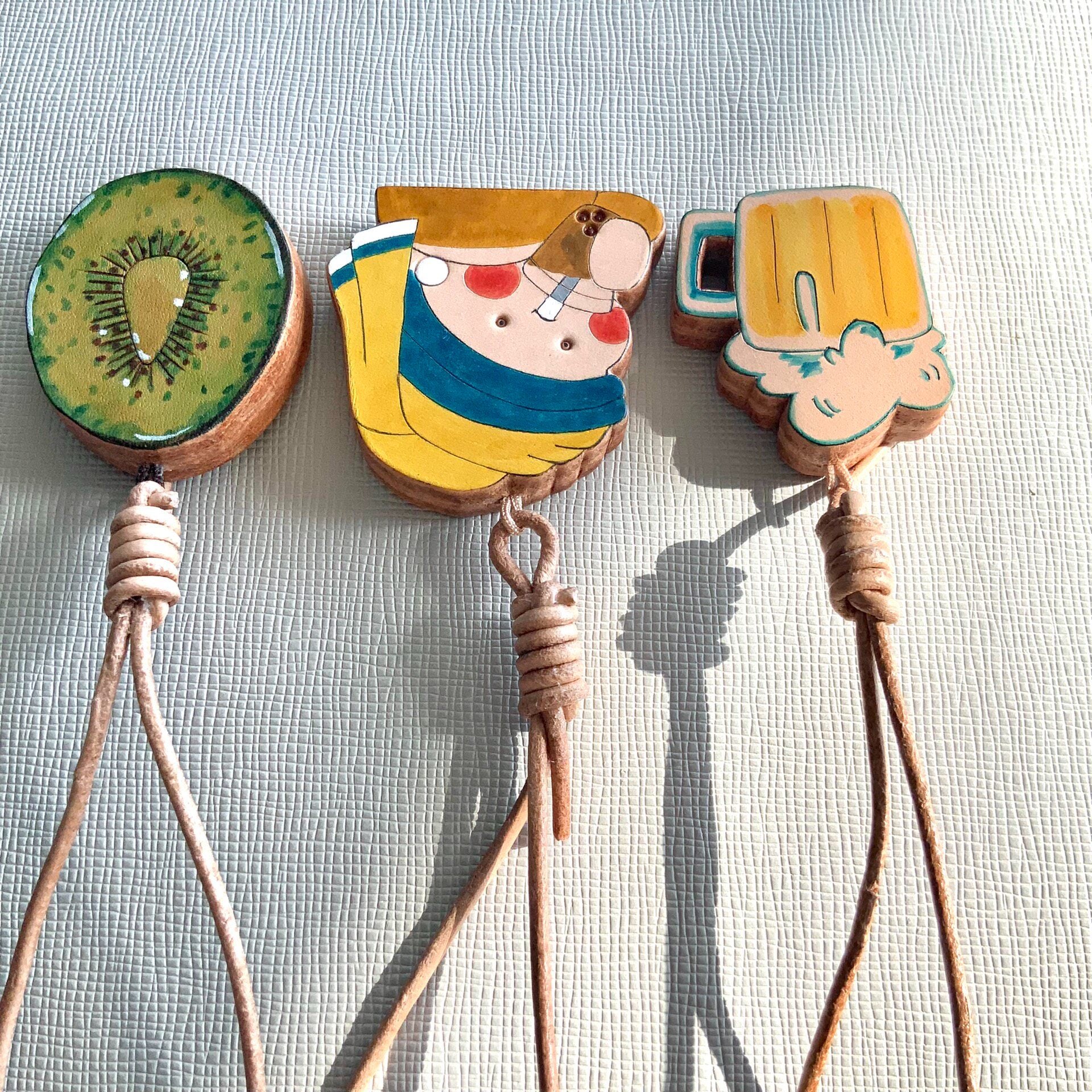 Set of 3 Hand-Painted Vegetable-Tanned Leather Charms