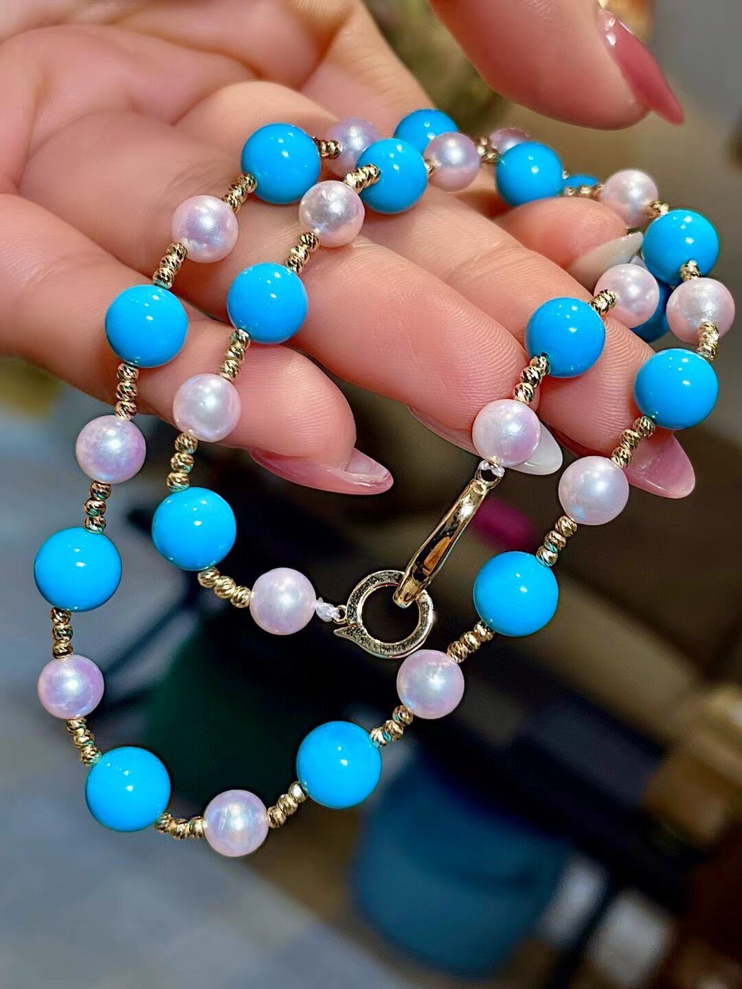 Blue Turquoise and Akoya Pearl Necklace with Gold-Toned Spacers
