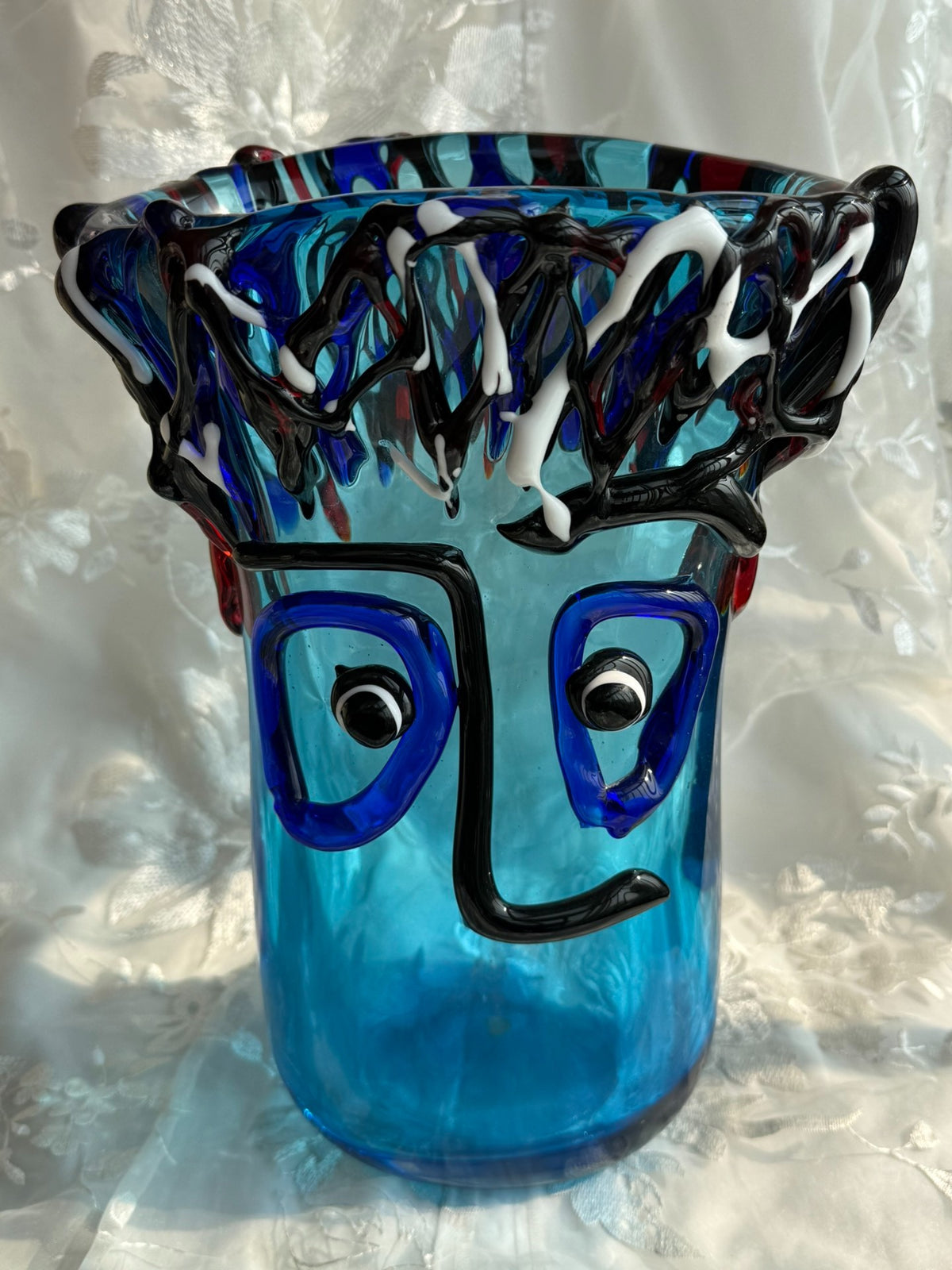 Vase en verre de Murano vintage visage bleu aqua