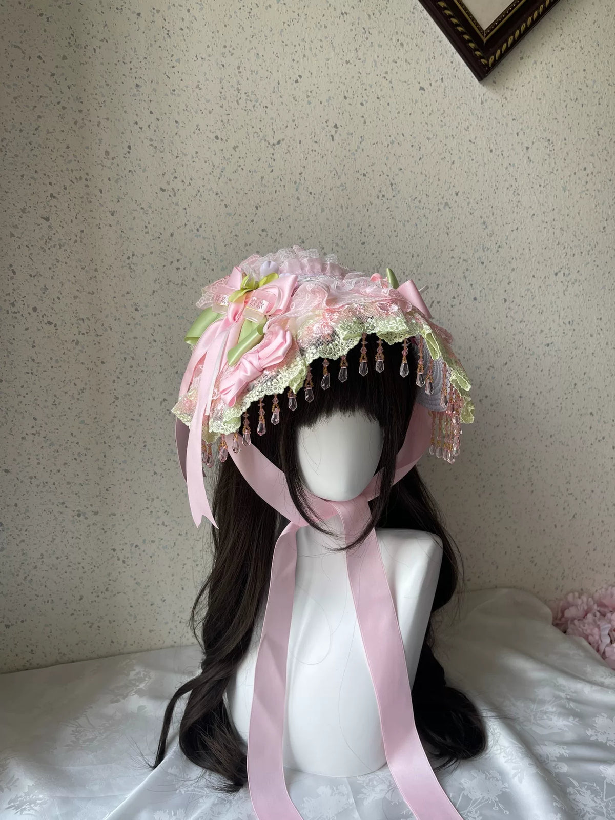Cappellino Bonnet Lolita in pizzo rosa e verde