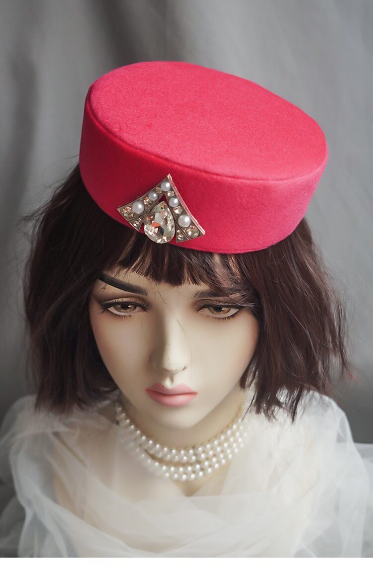 White Wool Felt Pillbox Hat with Brooch