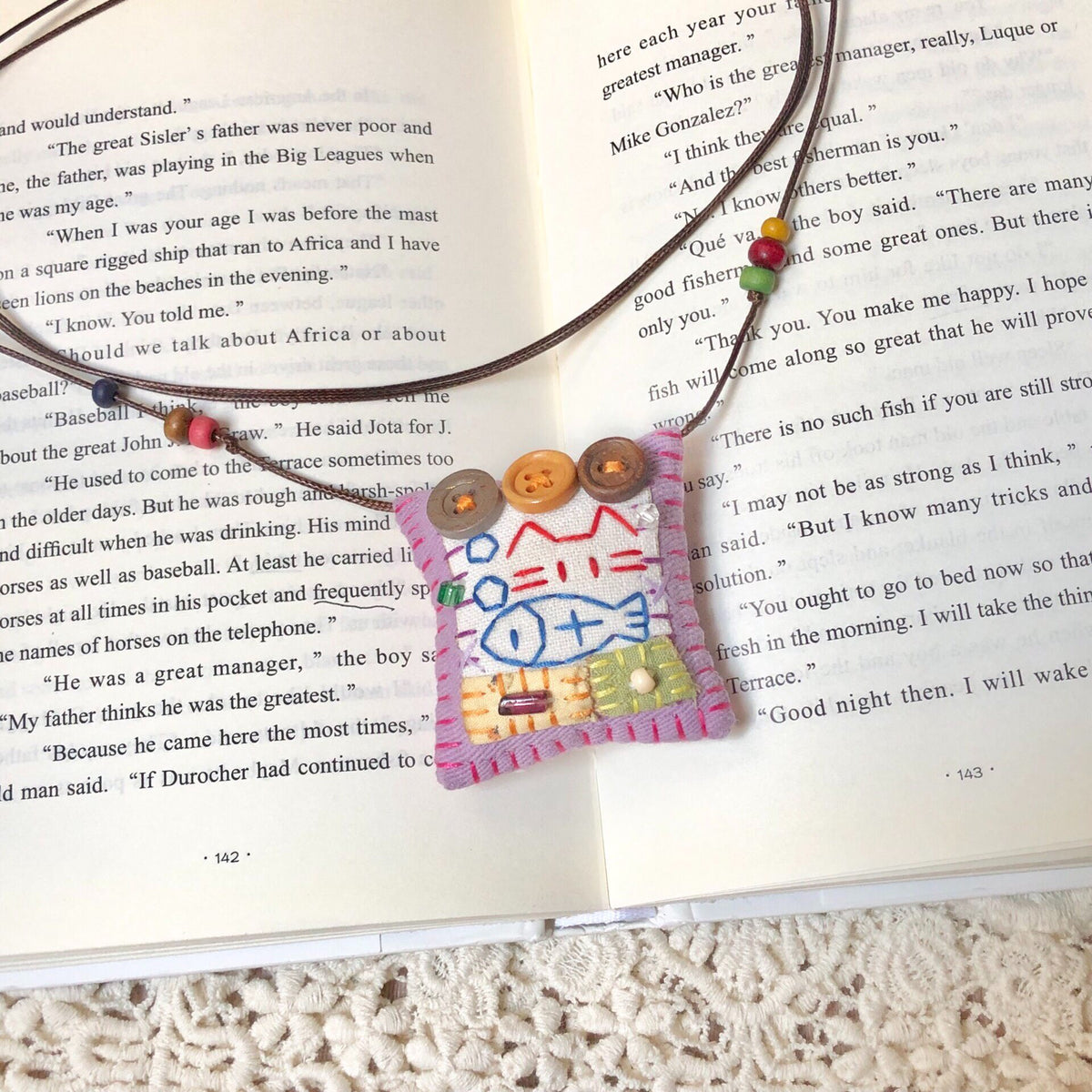 Handmade Fabric Cat and Fish Pendant Necklace