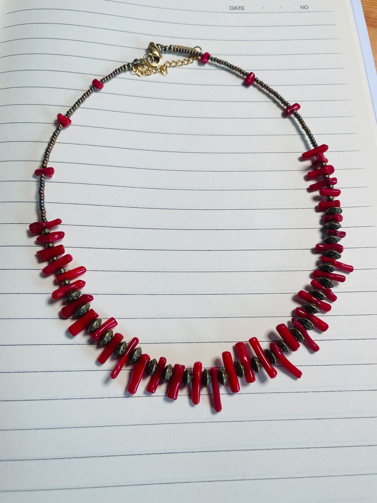 Red Plastic Beaded Necklace with Brass Spacers