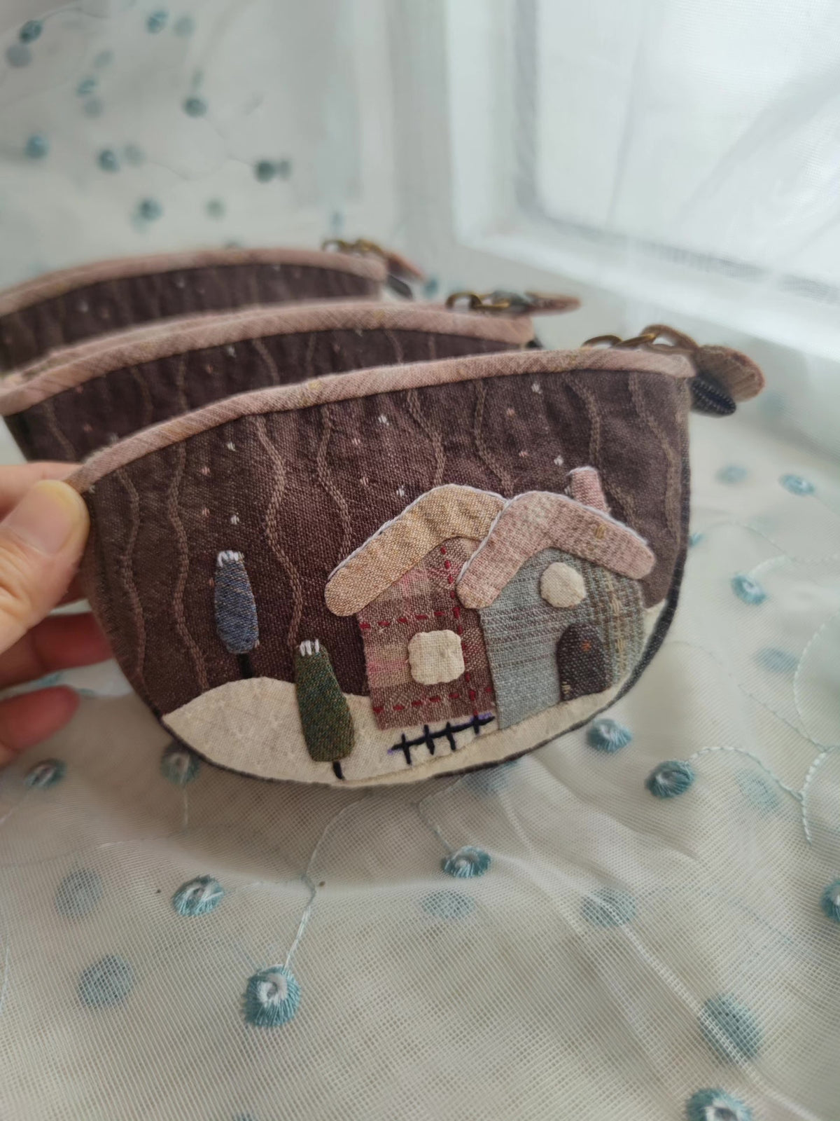 Winter Cottage Fabric Dumpling Storage Pouch