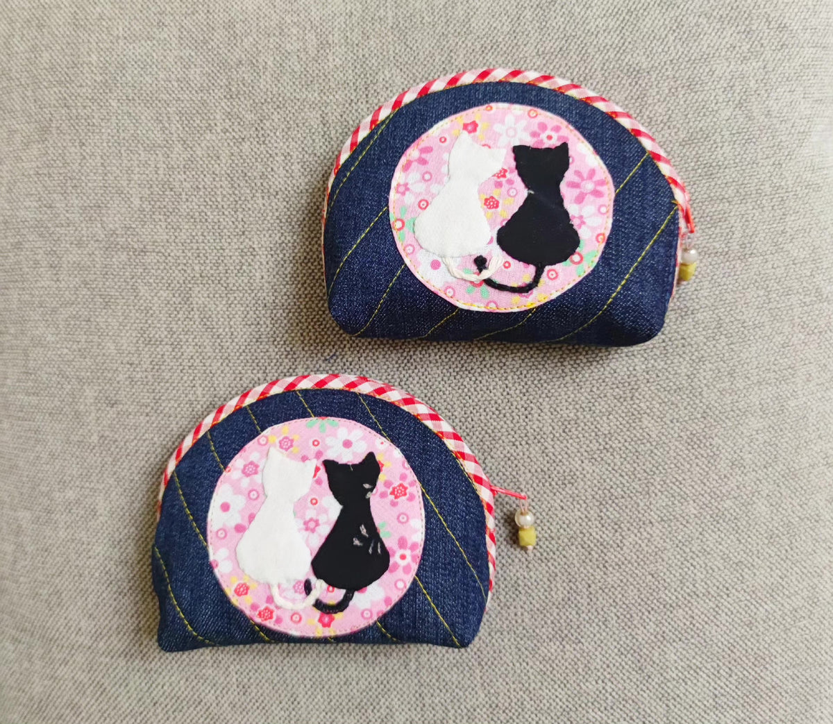 Handmade Denim Cat Applique Shell Pouch