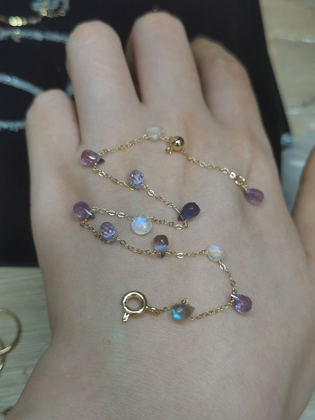 Gold Chain Bracelet with Purple Gemstone Beads