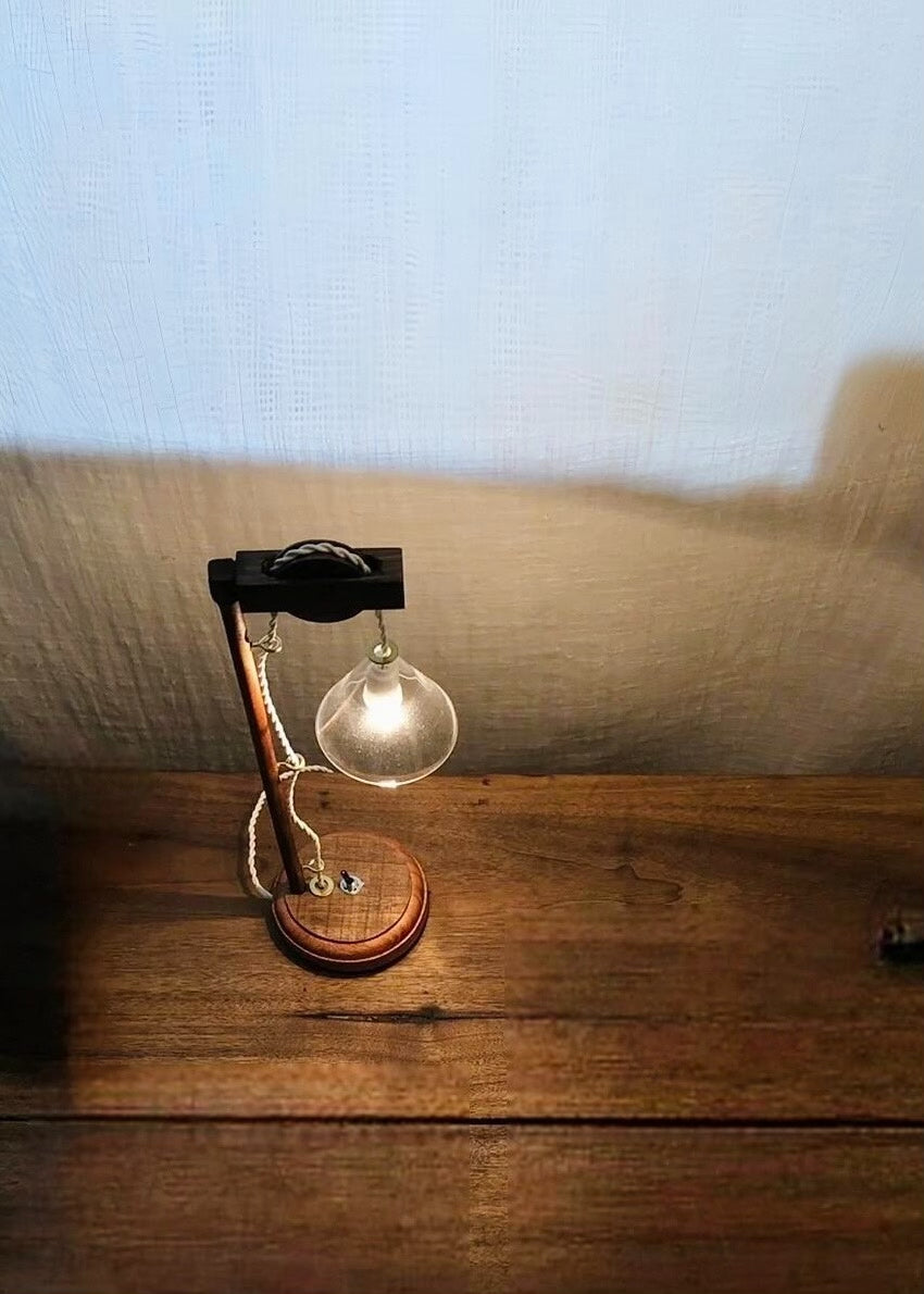 Handcrafted Wooden Table Lamp with Rope Pulley