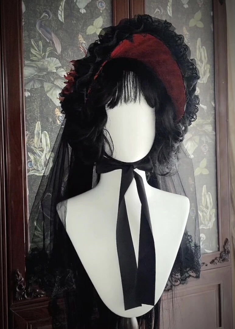 Gothic Lolita Black Red Bonnet Veil Hat