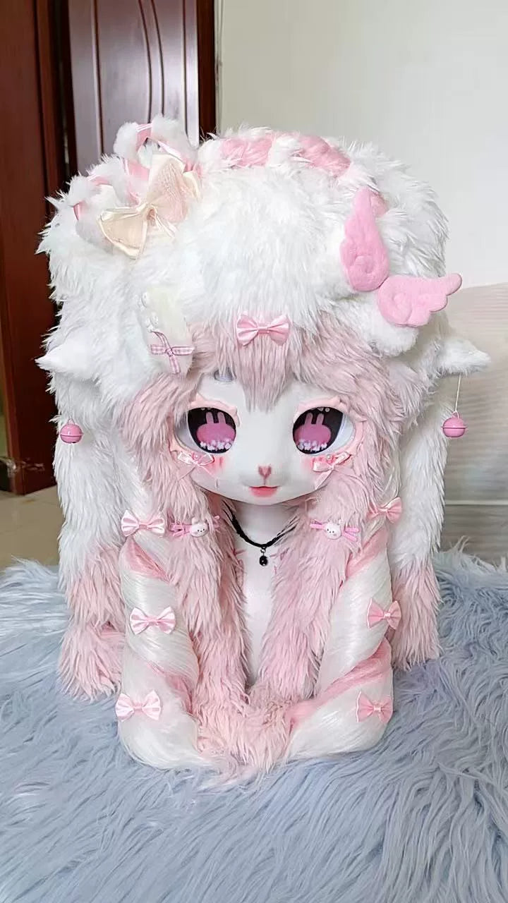 White Pink Faux Fur Fursuit Head
