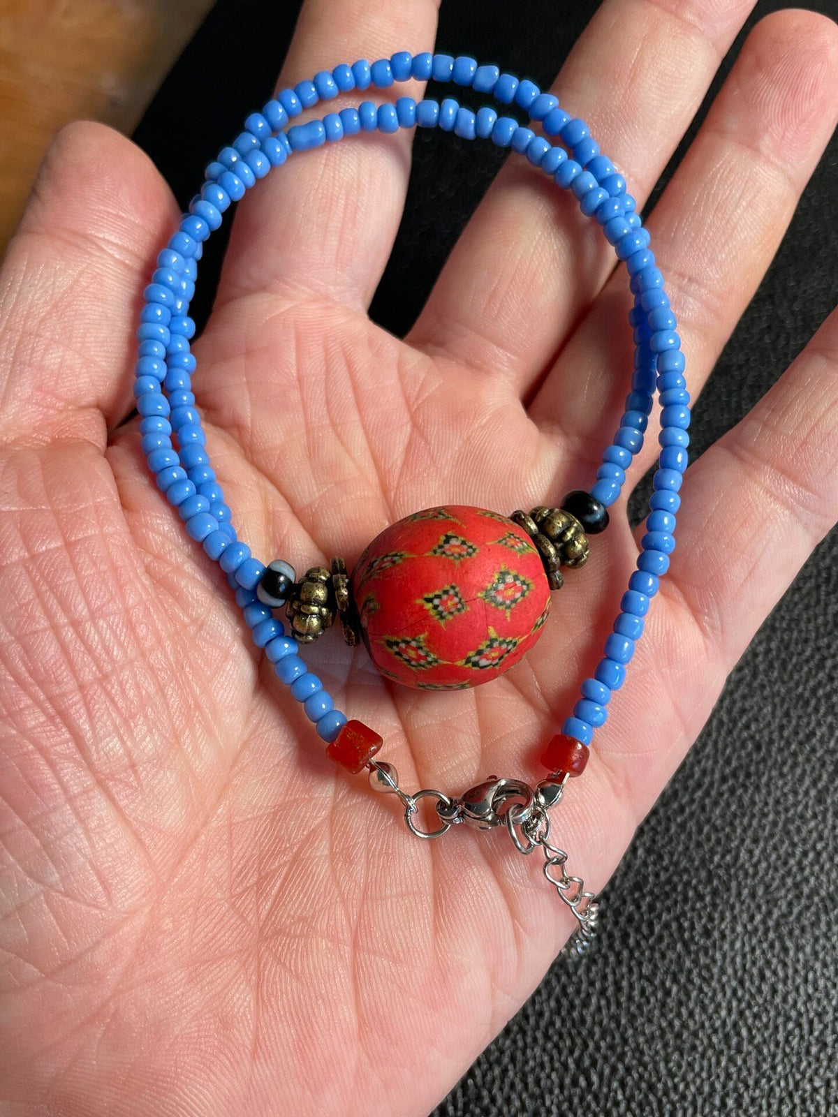 Sky Blue Bead Necklace with Red Center