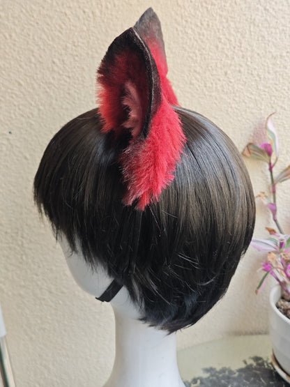 Handmade Dog Ears Headband - Red Black Gradient with Pink Fur Accent
