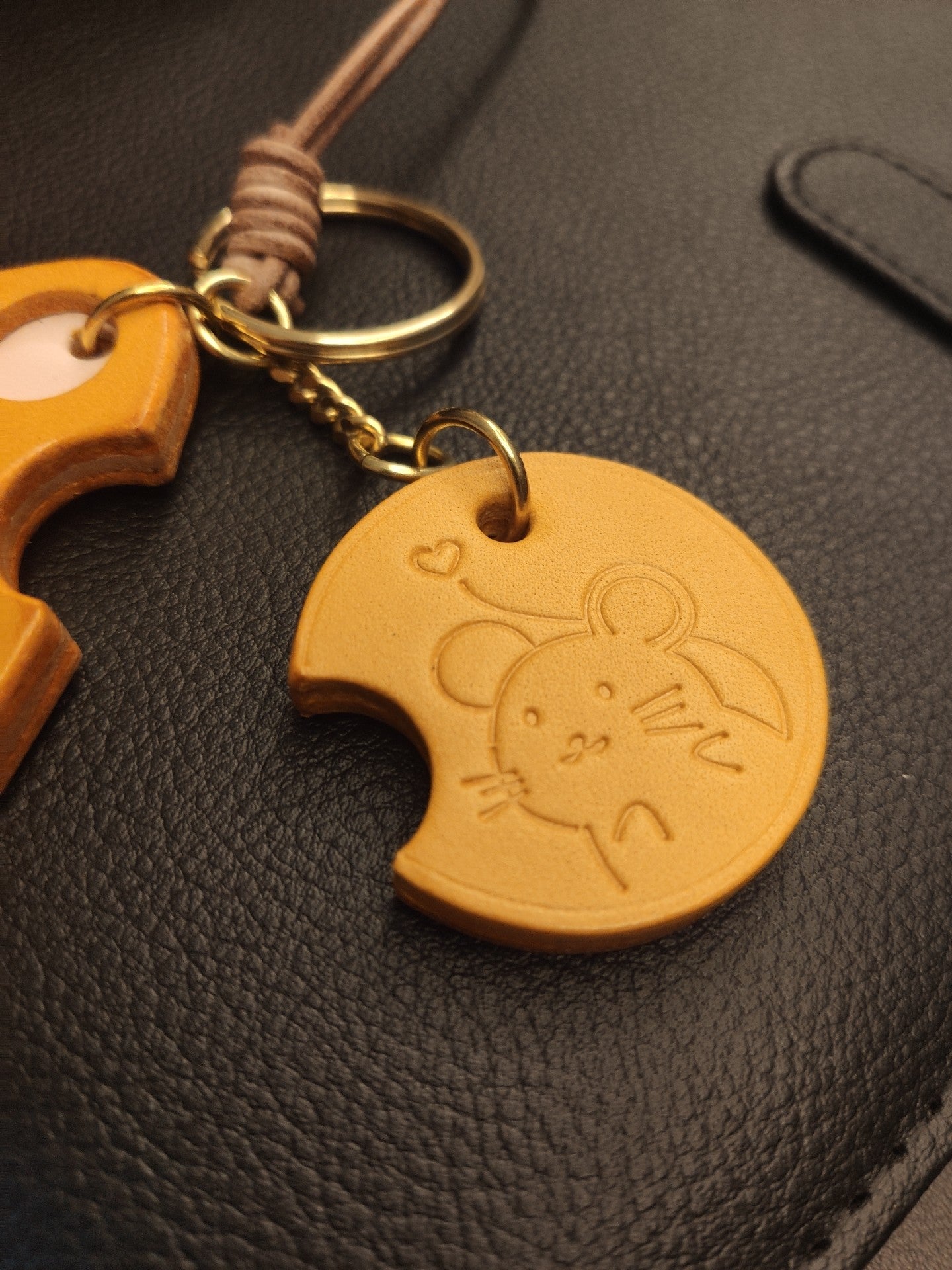 Handmade Leather Cheese and Mouse Bag Charm Keychain