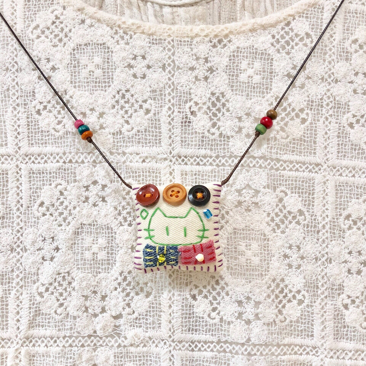Handmade Cat Necklace with Square Fabric Pendant
