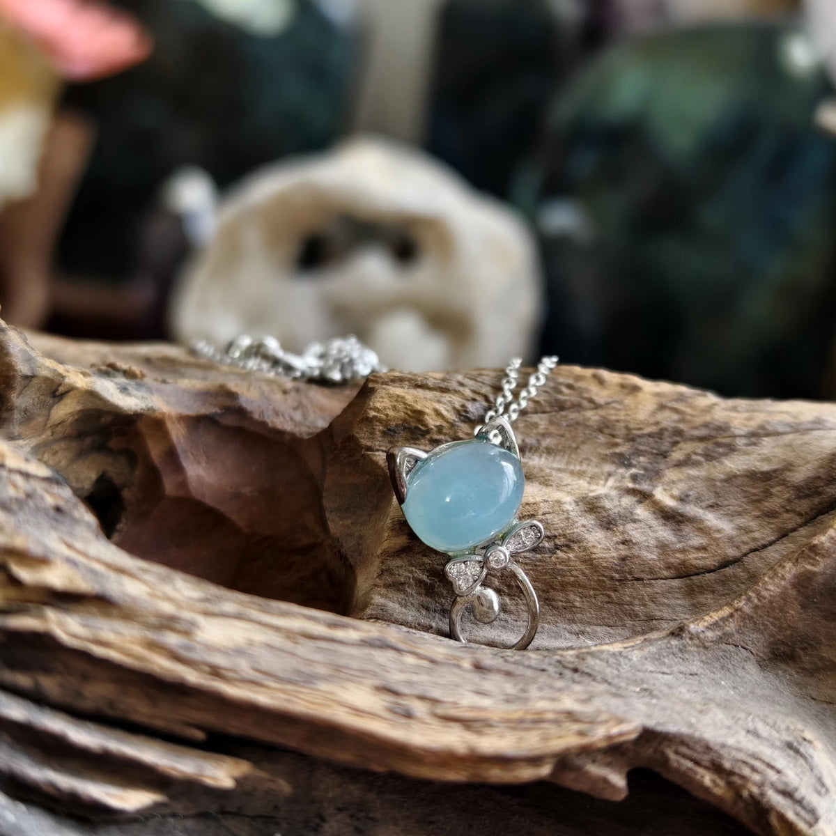 Aquamarine Cat Pendant Necklace Silver Chain