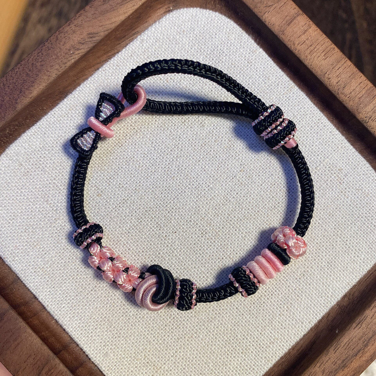 Handwoven Black Pink Sliding Knot Bracelet