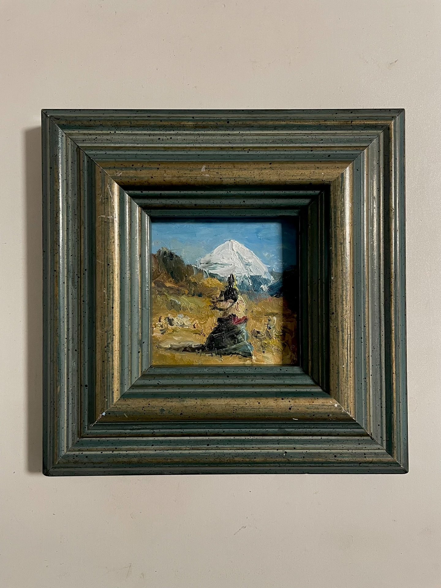 Hand-Painted Oil Painting of Snow-Capped Mountain Landscape, 10x10cm Canvas in 20x20cm Wooden Frame