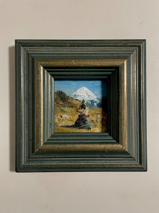 Hand-Painted Oil Painting of Snow-Capped Mountain Landscape, 10x10cm Canvas in 20x20cm Wooden Frame